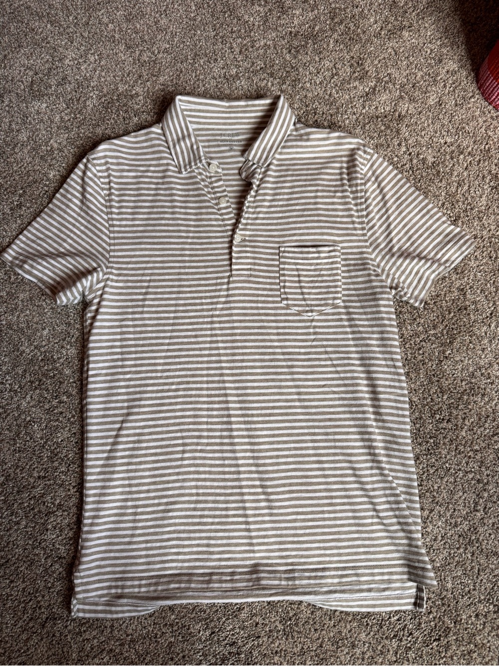 J. Crew Taupe and White Striped Short-Sleeve Polo